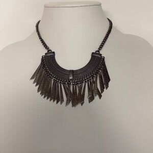 Gunmetal Fringe Bib Necklace Textured Metal Statement Collar Chain Boho Jewelry
